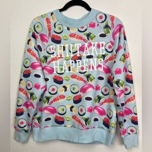 Sushi Print Graphic Sweatshirt w/ “Shiitake Happens” Decal on trend! Oversized